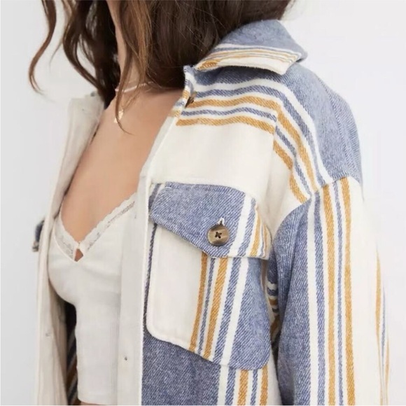 Aerie Striped Shacket Button Up Long Sleeve Flannel Yellow Blue Oversized XS - Picture 5 of 16